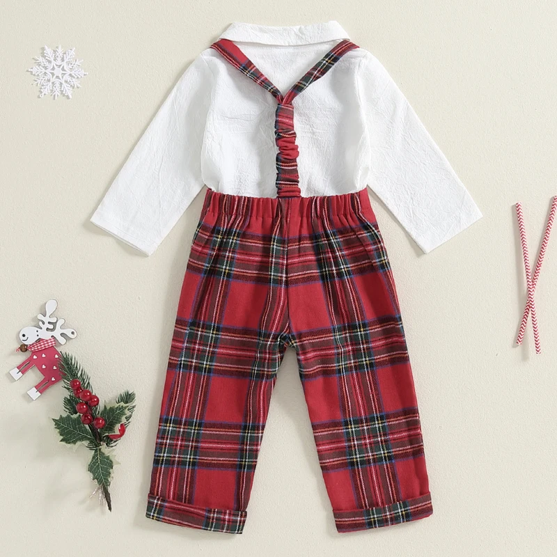 Baby Boy Gentleman Outfit Solid Long Sleeve Lapel Neck Romper with Plaid Suspender Pants and Bow Tie 3 Pcs Set