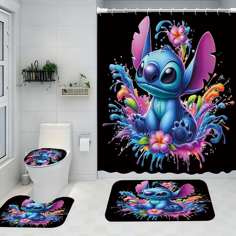 

Набор из четырех предметов для ванной комнаты Disney Stitch — авангардная водонепроницаемая занавеска для душа, создающая полный комплект для ванной комнаты