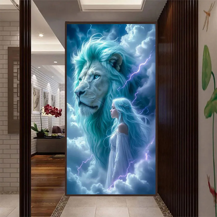 

Fullcang белое облако, лев и девушка, большой размер, новые наборы для рисования алмазов своими руками, животные, полная дрель, мозаика, вышивка, изображение