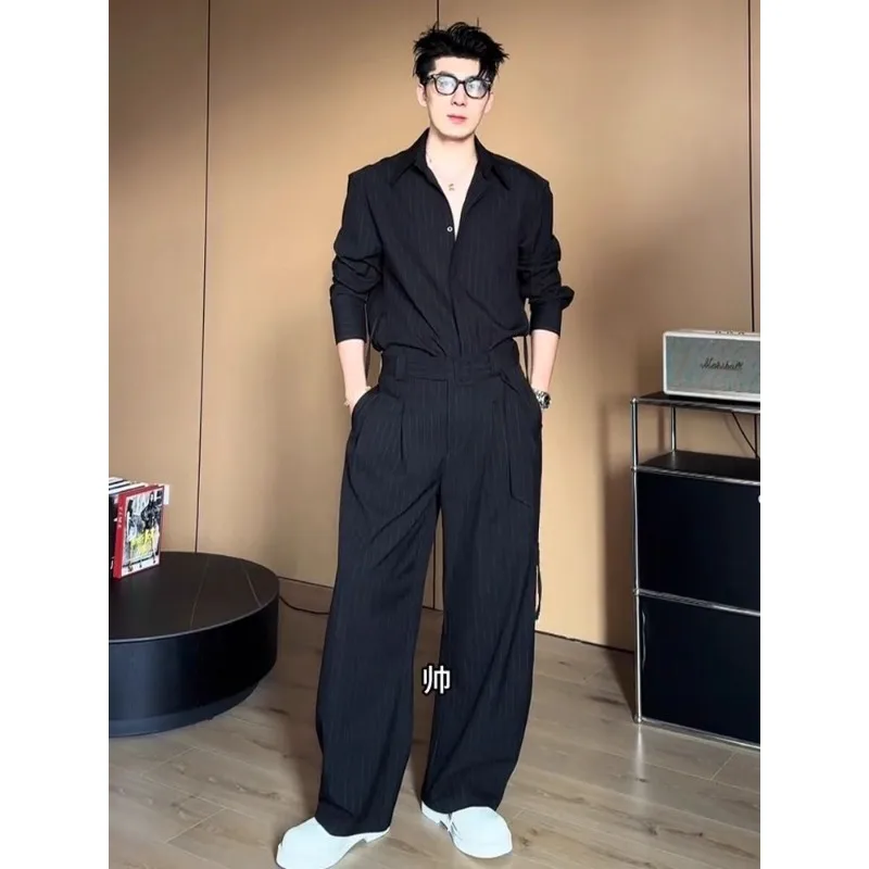 

Повседневный костюм с вертикальной полосой, мужская летняя нишевая рубашка в корейском стиле с длинным рукавом