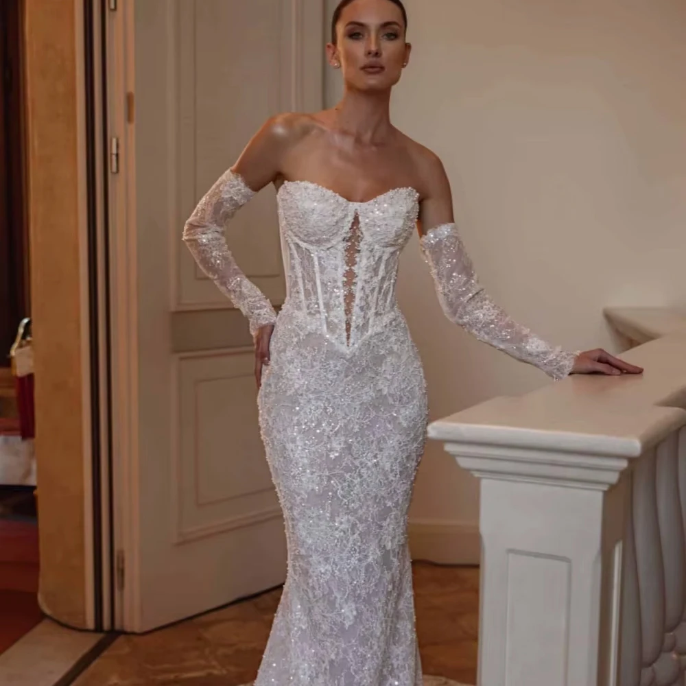 تخصيص العاج انفصال كم مطرز الدانتيل فستان الزفاف للمرأة العروس رومانسية الحبيب الرقبة الوهم ثوب الزفاف