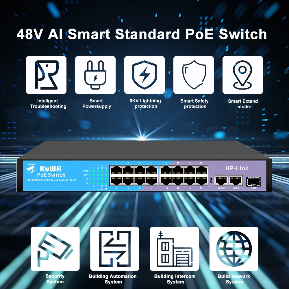 KuWFi 4/8/16/24 Port 48V PoE Switch 10/100Mbps Fast AI Ethernet Switch 2*UP Link Rj45 Lan Plug and Play For IP Camera/Router