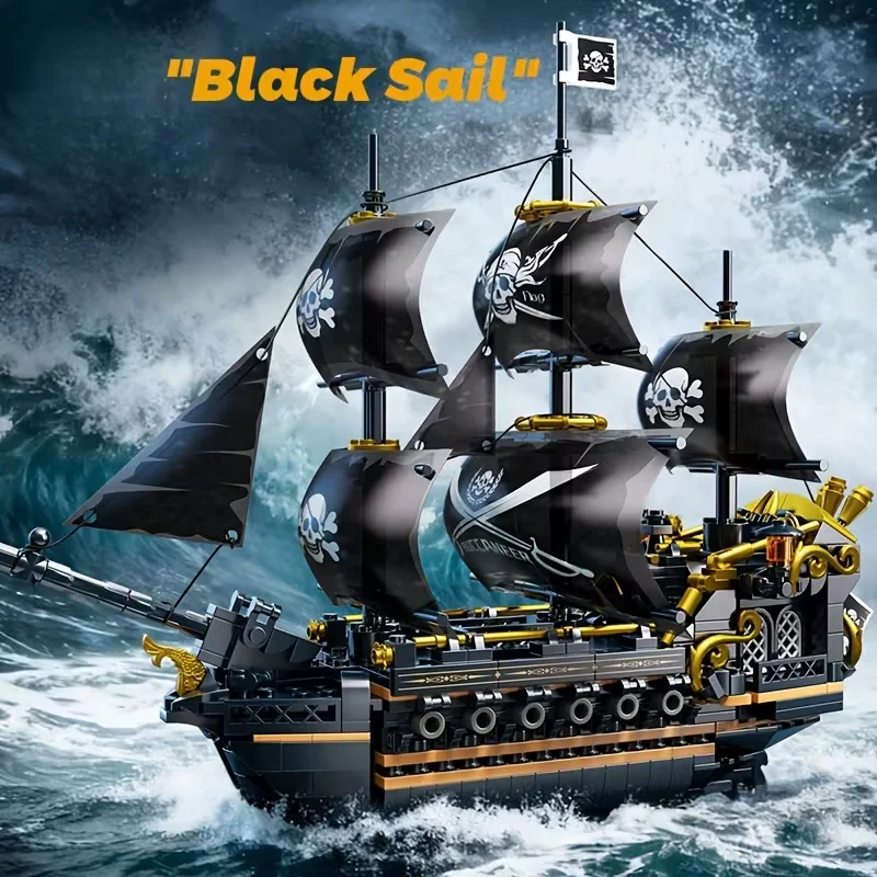 Legendary Black Sail Pirate Ship Model Building Blocks, Museum-Grade 3-Masted Sailboat with Display Base