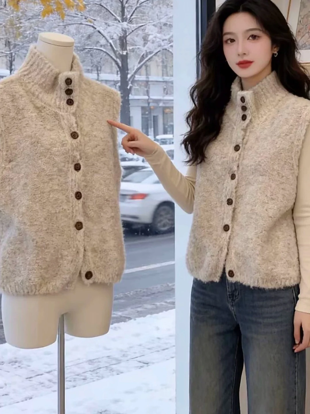 Caramel Soft Knitted Sweater Vest Open Cardigan Women's Spring Autumn Loose Stand Collar Sleeveless Sweater Vest Outerwear
