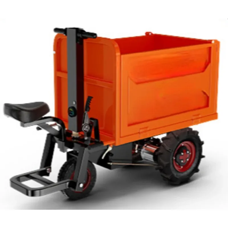 Electric 3 wheeled hand pushed flatbed transporter for loading and unloading goods on construction sites