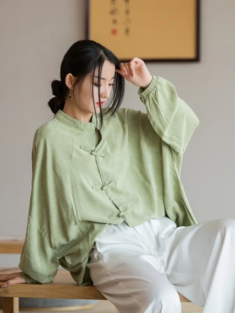 Johnature Women Chinese Style Shirts And Tops Stand Solid Color Button Blouses… - Image 6