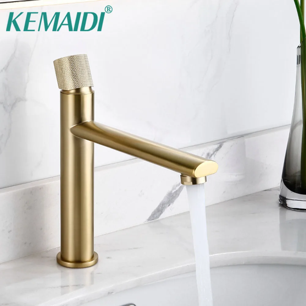 

KEMAIDI Brushed Gold Bathroom Faucets Solid Brass Bathroom Sink Faucet Cold And Hot Water Mixer Tap Single Handle Deck Mounted