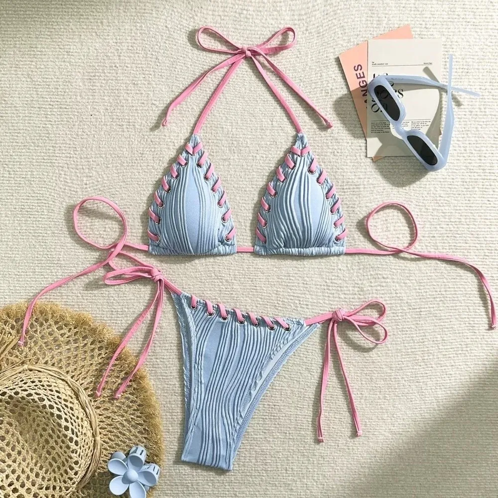 

2pcs Stylish Self Tie Bikini Set for Women Halter Neck Sexy Separated Swimsuits Aesthetic Summer Bathing Suits for Pool Party