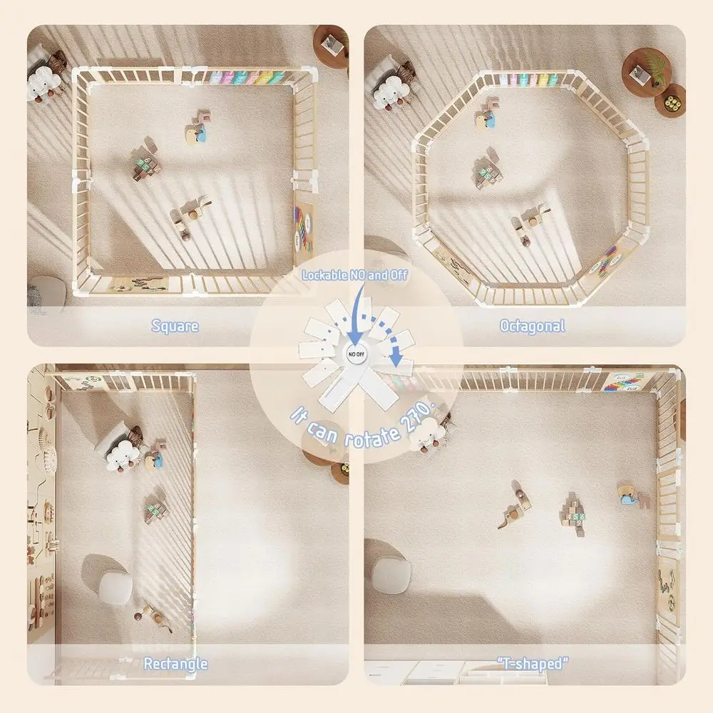 روضة أطفال خشبية محمولة بأشكال قابلة للتعديل، مركز أنشطة الطفل القابل للطي وألعاب للرضع والأطفال الصغار (57 × 57 × 24 بوصة #4