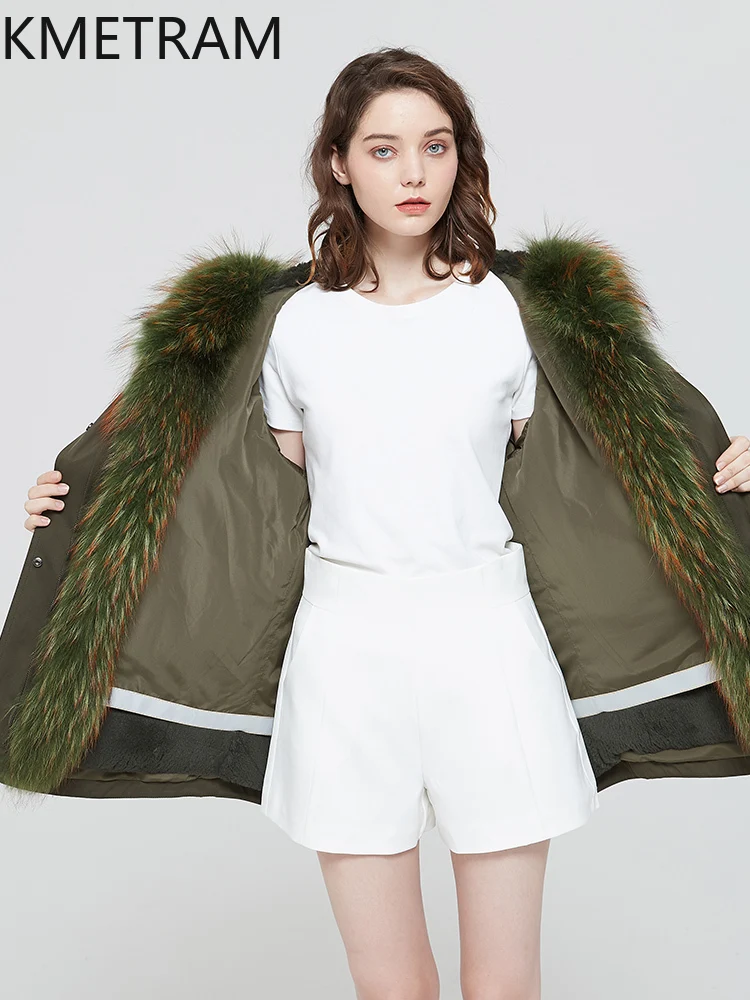 KMETRAM-Chaqueta Parka de piel de conejo Rex Natural con forro extraíble, abrigo de piel auténtica verde, ropa corta de moda para mujer de invierno 2025