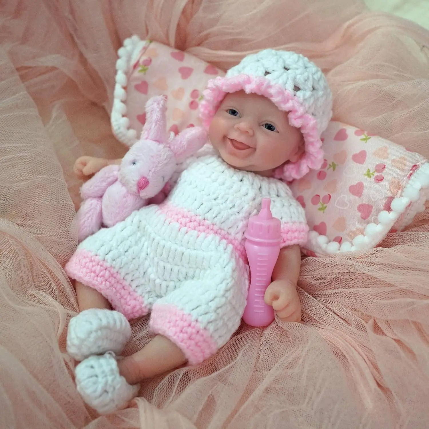 Reborn Baby Doll 7 Inch Silicone Full Body Eyes Open Smile Girl Looks Like Real Mini Doll with Gift Box for Kids Christmas Gift