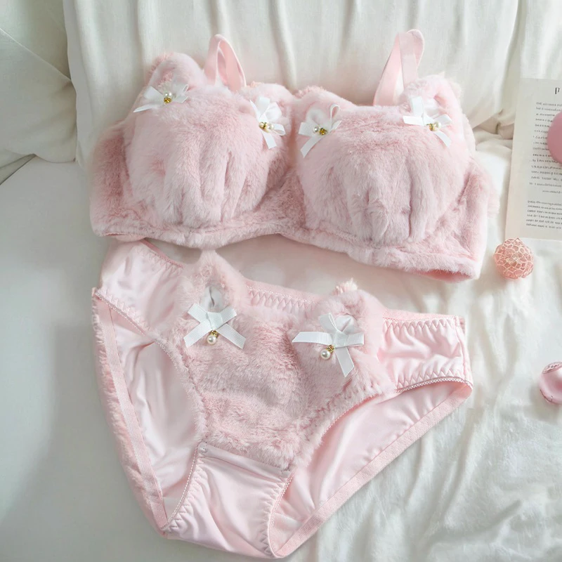 Teenage plush cat ears cute bra set of small breasts gathered warm underwear sets of autumn and winter lingerie panties