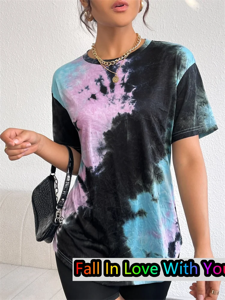 New Style Tie-Dye Drop Colorful T-Shirt Summer Oversized Women O-neck Tee Harajuku Trend Short Sleeve Female Streetwear Tops