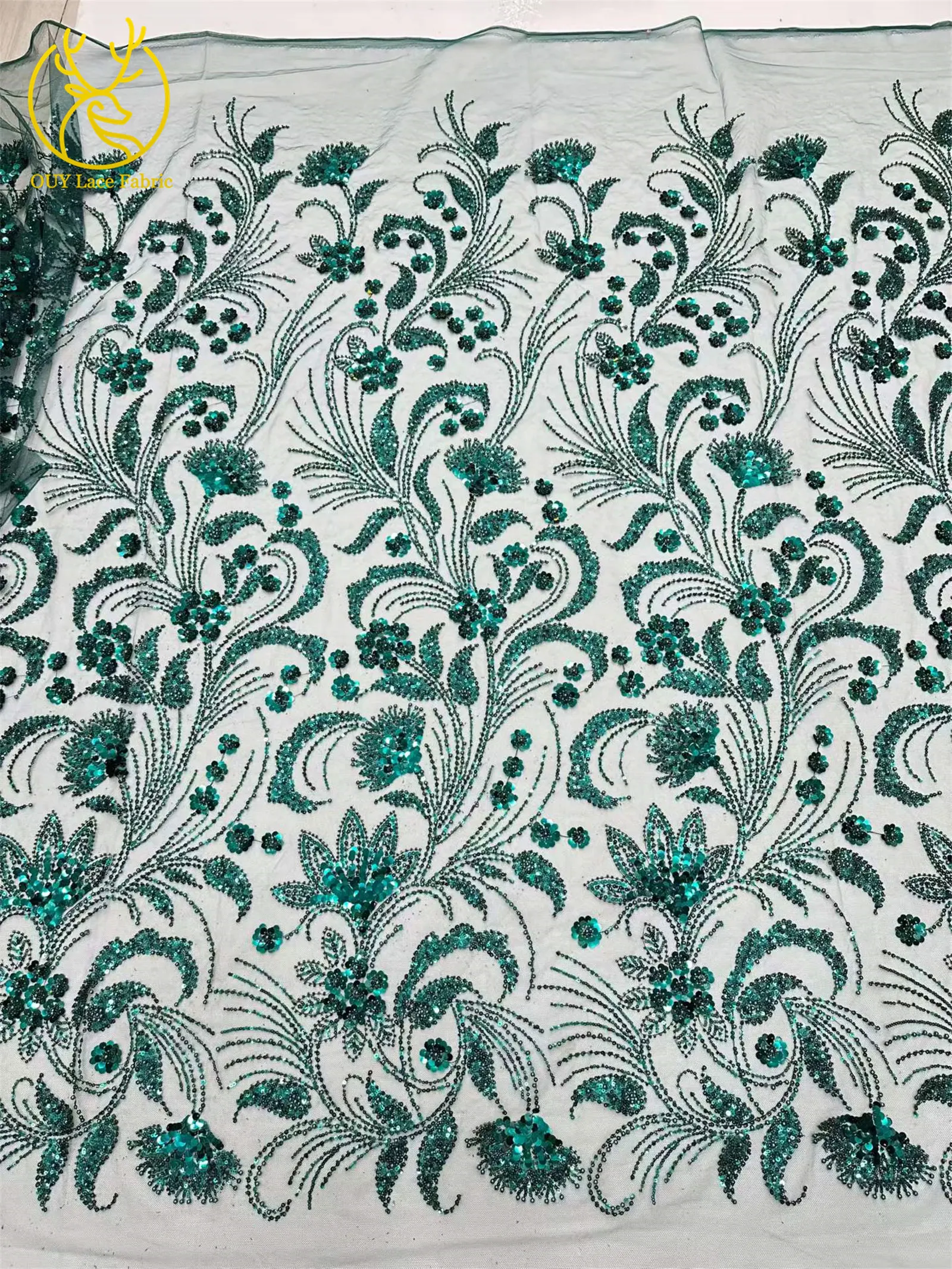 Eleganter 5-Yard-Paillettenstoff mit Kleinen Blumen, Afrikanischer Perlen-Pailletten-Spitzenstoff, Nigerianischer Luxuriöser Pailletten-Netzstoff für Kleider und Näharbeiten – Detail 12