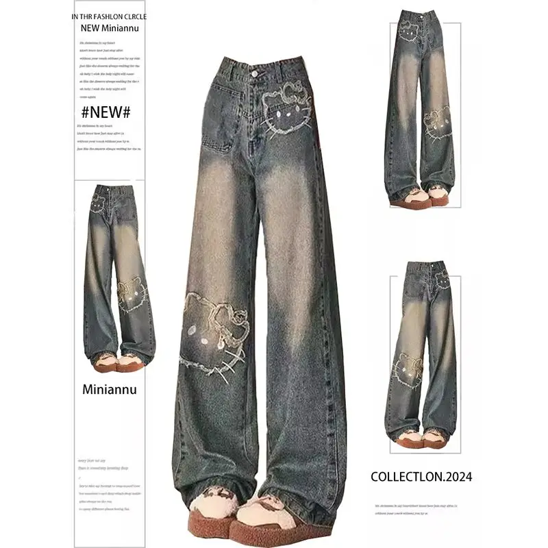 

Джинсовые брюки Sanrio для девочек с широкими штанинами в стиле ретро, осень и зима, новый стиль, модные студенческие свободные универсальные повседневные брюки