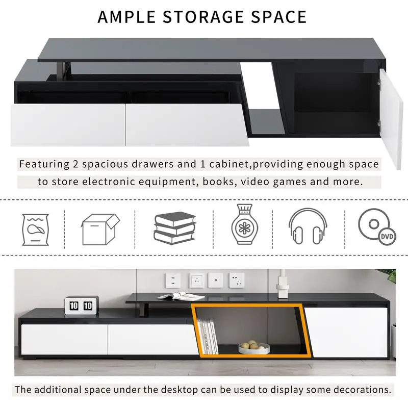 Soporte para TV extensible rectangular minimalista moderno, mueble para TV con 2 cajones y 1 gabinete de almacenamiento, se adapta a televisores de hasta 100 pulgadas,