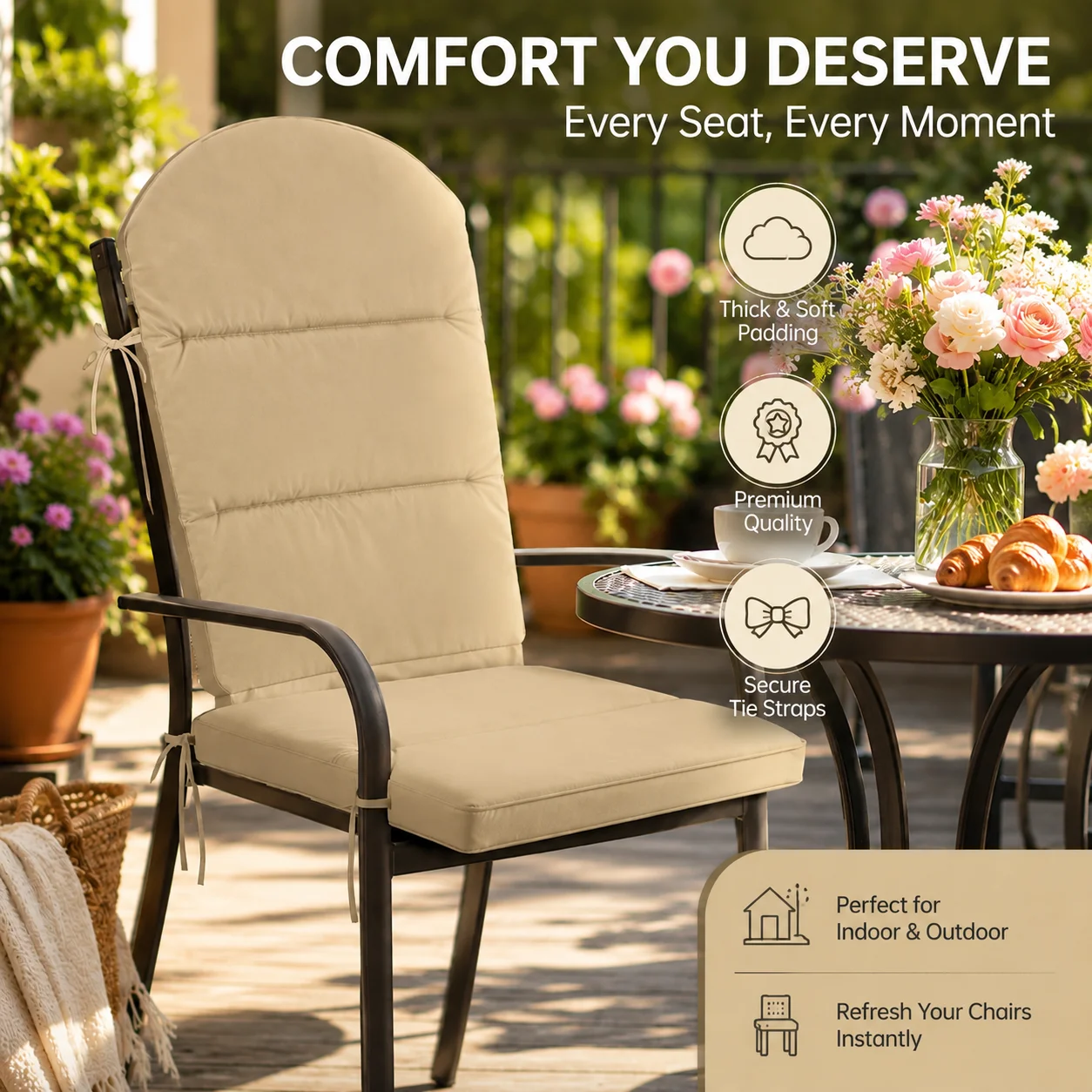 Beige High Back Chair Cushion Replacement, Thick Padded Patio Seat Cushion with Tie Straps for Outdoor Garden Dining Chair