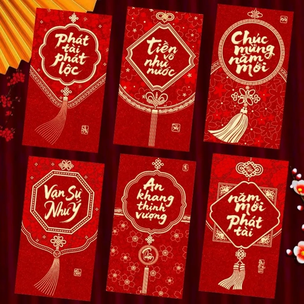 6PCS/Set Lucky Red Envelopes Chinese Style Gold Foil Design New Year Red Packets Vietnamese New Year Blessing