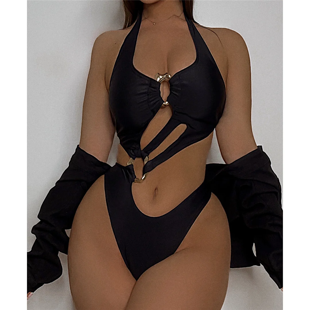 S - XL, Schwarz, asymmetrischer Schnitt, Damen-Badeanzug, einteiliger Badeanzug, Damen, mit Metallring, hoher Beinausschnitt, Badebekleidung, V7065. – Detail 6