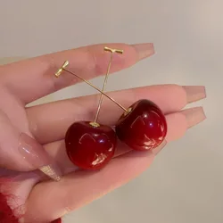 Dark Red Cherry Dangle Earrings for Women Trendy Fruit Cute Acrylic Round Long Cherries Drop Earrings Party Elegant Jewelry Gift
