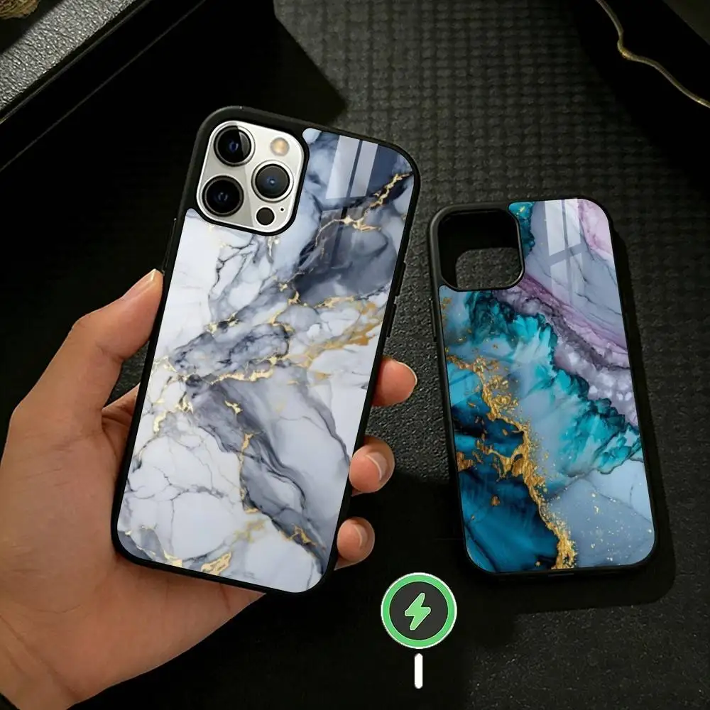

Watercolor Marble Silver Plated Inside Phone Case For iPhone 17/16/15/14/13/12/Plus/Pro/Max for Magnetic Wireless Charging
