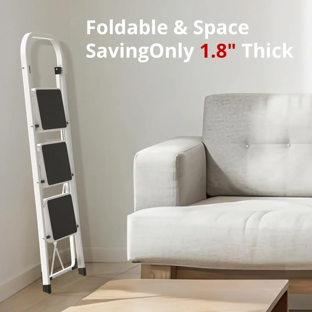 Opvouwbare trapladder voor volwassenen met antisliptreden, draagvermogen van 330 lbs, geschikt voor keuken en thuisgebruik, wit
