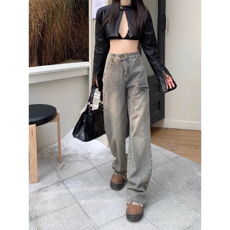 

Vintage Distressed Workwear Jeans Women High Waist Flared Wide Leg Pants