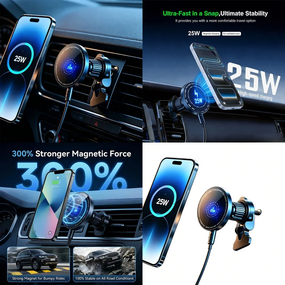 Car Air Vent Mount Holder Magnetic 25W Wireless Car Charger Super Fast for iPhone 17 16 15 14 13 12 Pro Max Plus Smart Charging