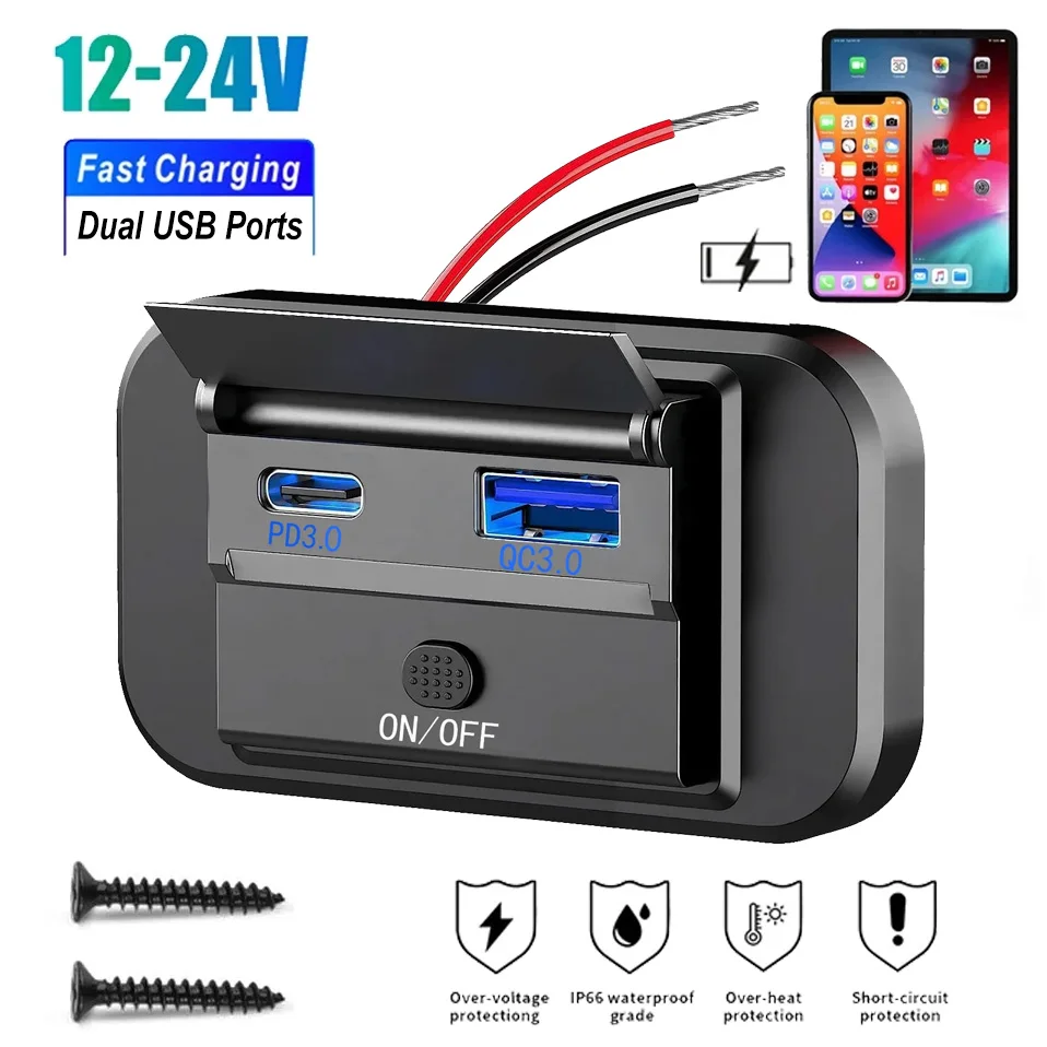 

12-24V Dual USB Car Charger QC3.0+PD3.0 RV Yacht Bus Modified Fast Car Charger with Switch