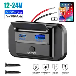 12-24V Dual USB Car Charger QC3.0+PD3.0 RV Yacht Bus Modified Fast Car Charger with Switch