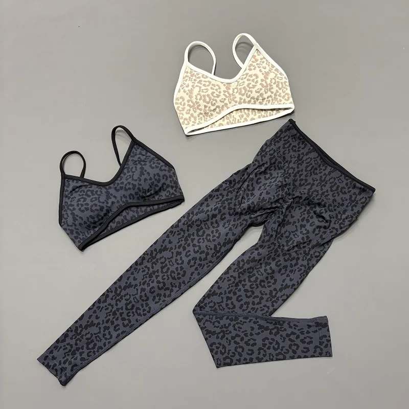Women 2Pcs Leopard Print Workout Set Contrast Trim Thin Strap Bra & High Waist Tummy Control Leggings Breathable Yoga Outfit
