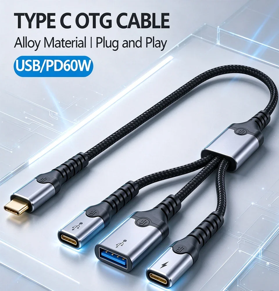 DOONJIEY TYPE C OTG Adapter 3 in 1 TYPE C Splitter with 60W PD Fast Charging USB-C Male to Dual Female And USB A Female Adapter