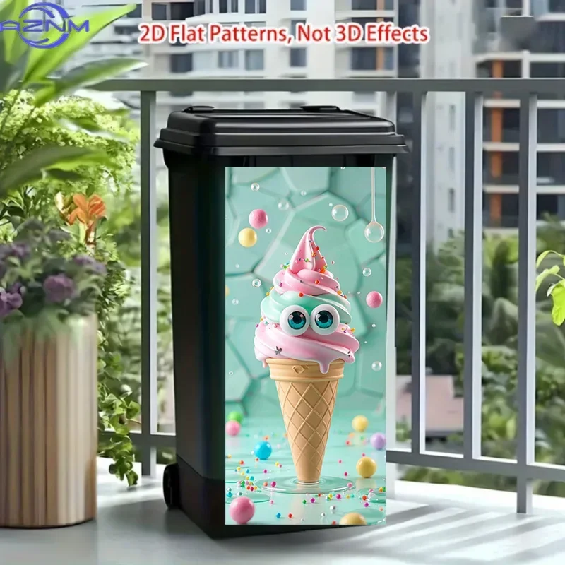 2D 1PCTrash Can Sticker, Featuring Cute Eyes Ice Cream Cone Pattern Theme Design, This Matte Surface Sticker Is Suitable for D