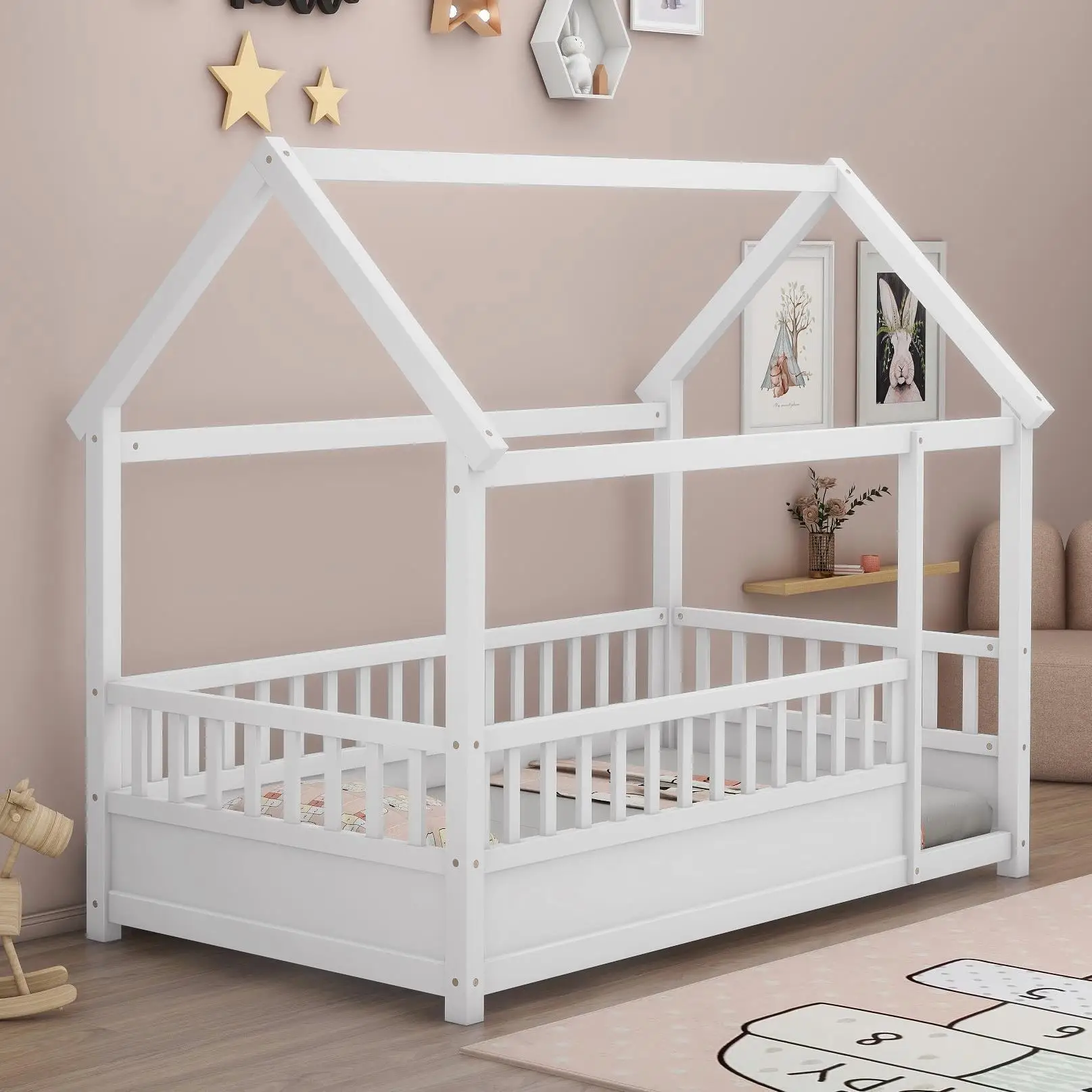 Wooden Twin Size Bed with House Roof Frame & Fence Guardrails - White Floor Bed for Kids