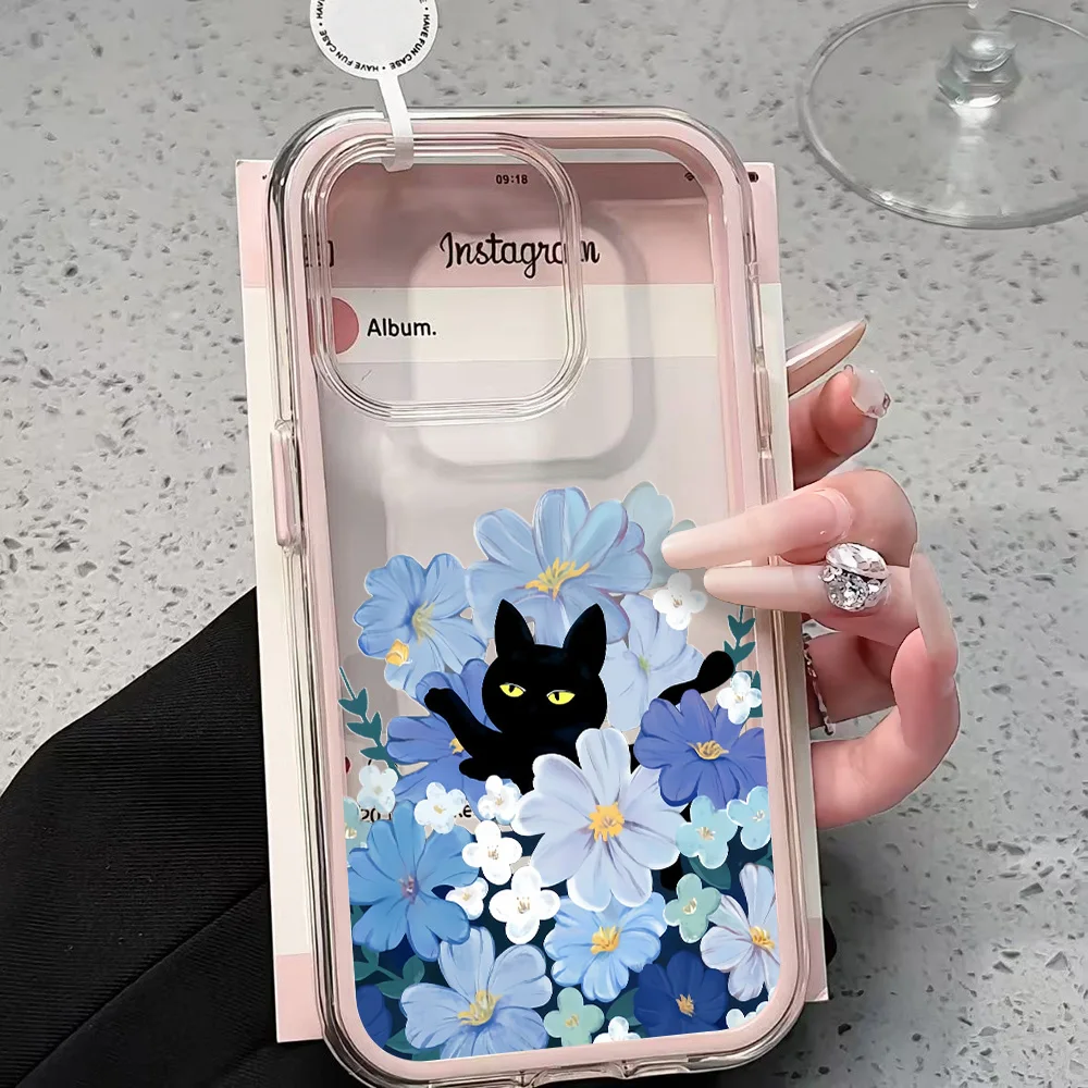 Blaue Blume Schwarze Katze Transparente Handyhülle für iPhone 17 13 16 15 11 12 14 Pro Max 17 Air XR X Hülle Silikon Weiche Stoßfeste Abdeckung – Detail 1