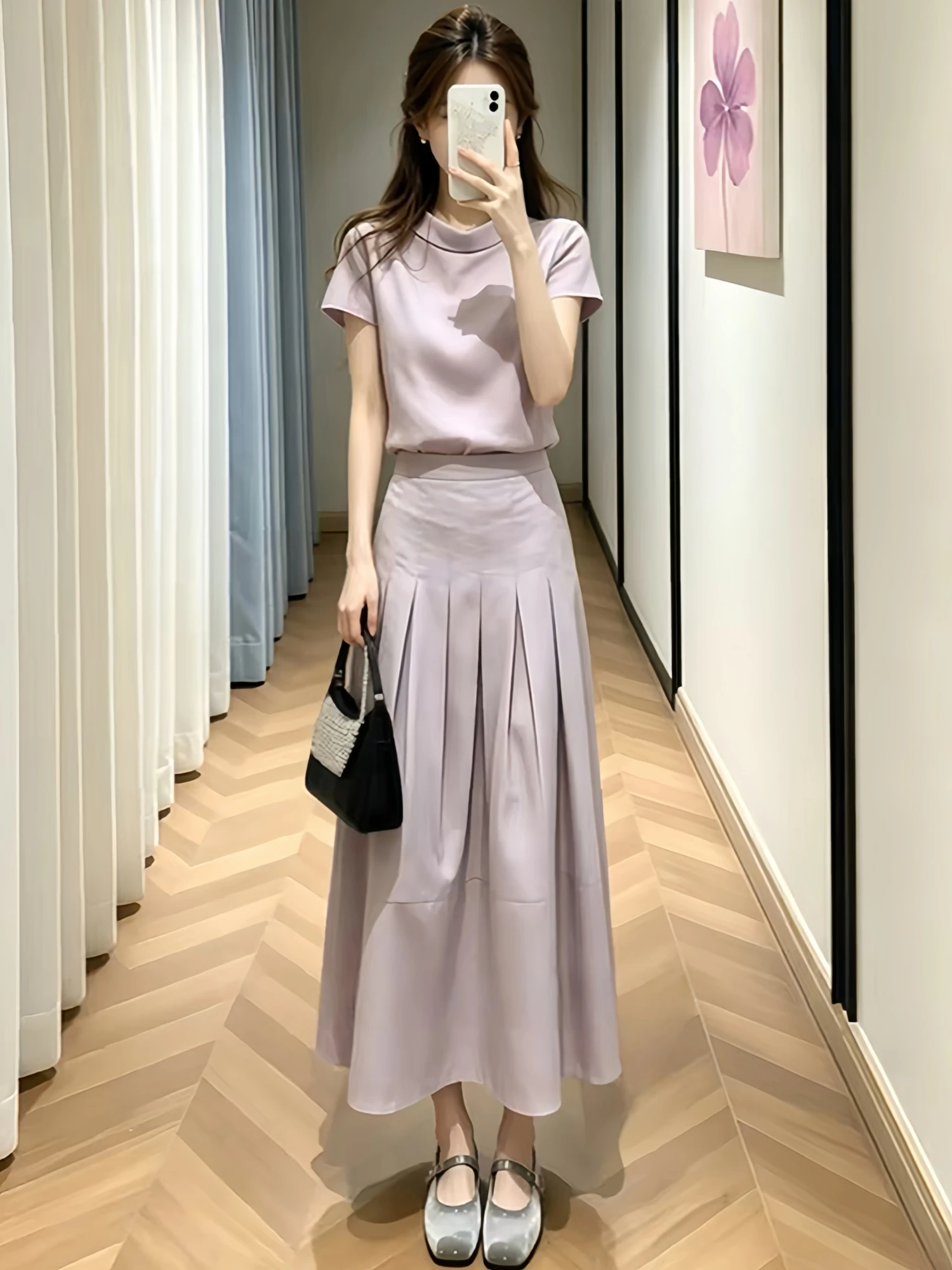 

Summer Fashion Set Women's Purple Short Sleeve T-Shirt High Waist Skirt Two-Piece Suit Casual Style Breathable Polyester