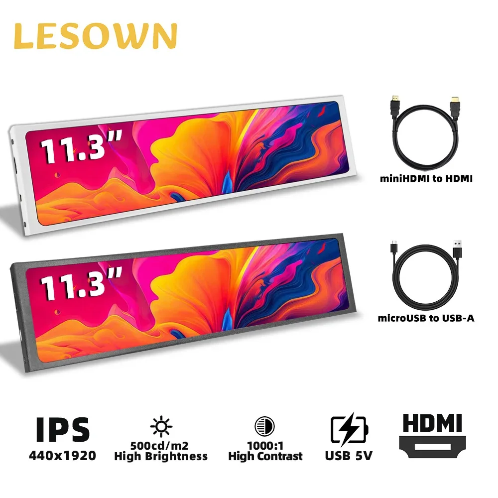 LESOWN 11.3 inch Monitor HDMI Long Wide Screen 440x1920 IPS PC Sensor Panel LCD Temperature Display Portable Small Extender