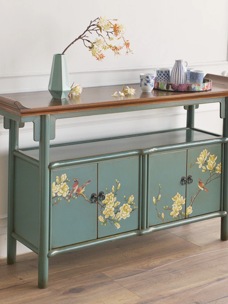 Zc New Chinese Style Artistic Hand Drawn Flowers and Birds Guest Living Room Entrance Cabinet Sideboard Cabinet