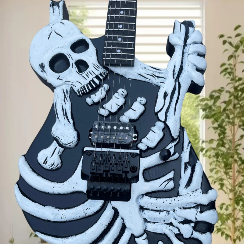 Black 3D Skull Skeleton Shape Electric Guitar Dual Humbucker Pickups Floating Tremolo System Rock Guitar Free Delivery