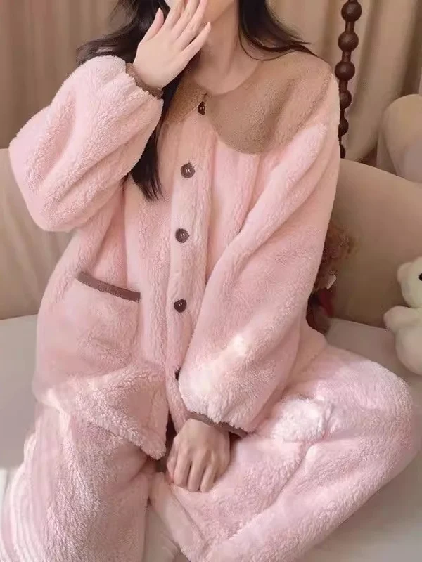 

Женская пижама больших размеров из кораллового флиса с утолщенным воротником-стойкой, домашняя одежда, комплект из двух предметов, можно носить на улице, зимняя одежда для дома