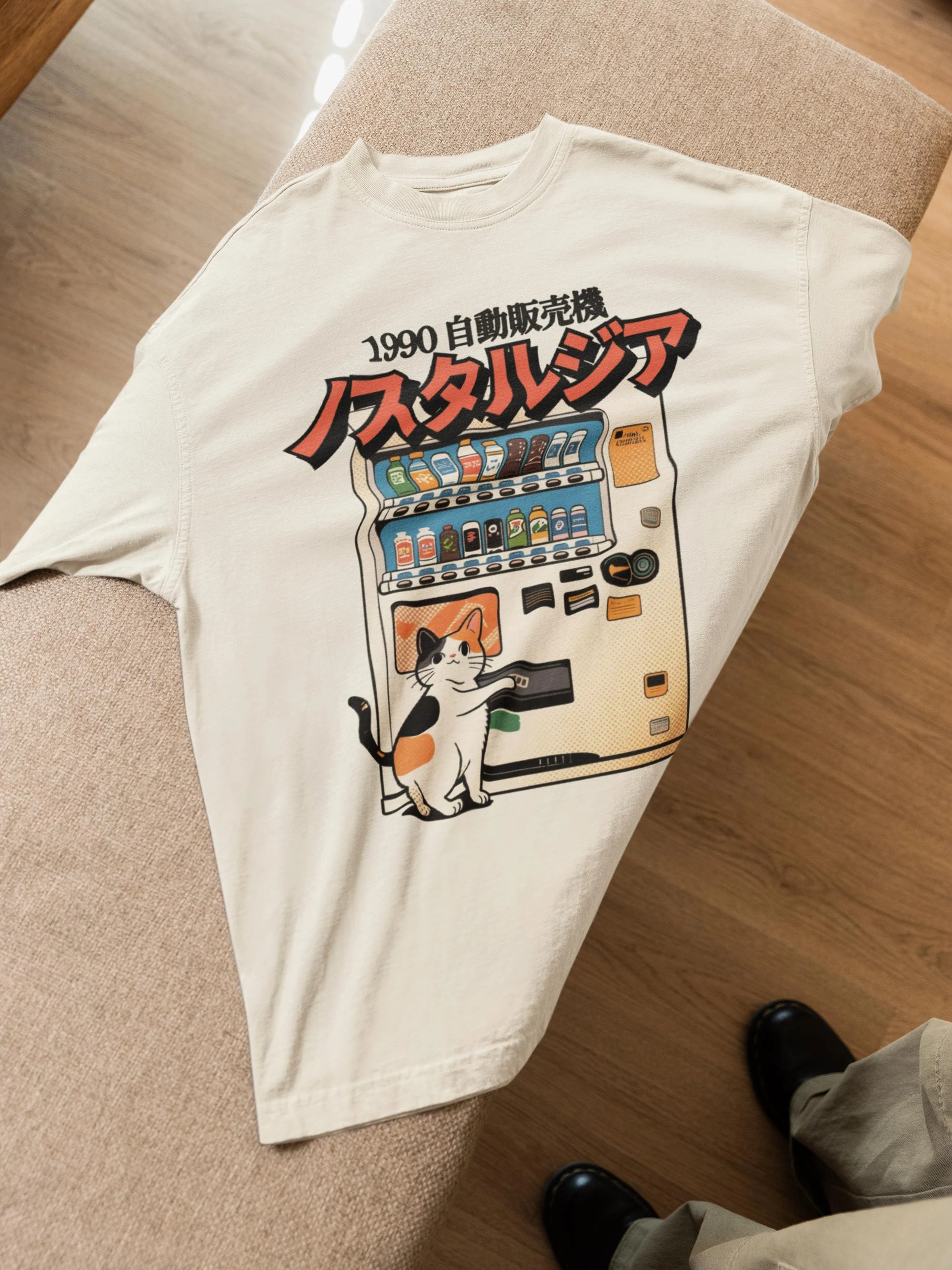 Japanese Retro 1990 Vending Machine Cat Kawaii Graphic Tee Cotton Mens Womens T-Shirt Summer Streetwear