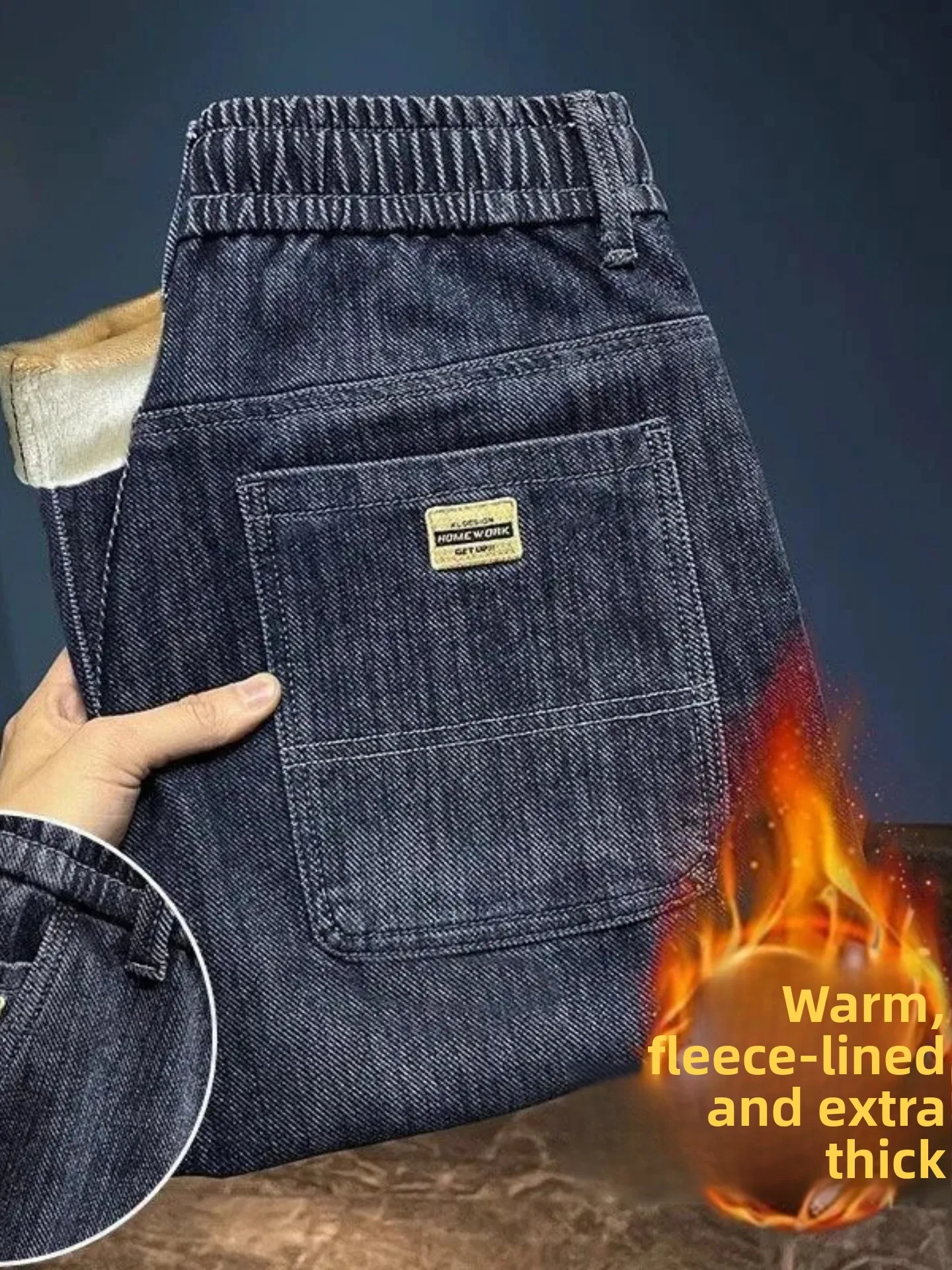 

Мужские джинсы Fce с подкладкой, свободного кроя, прямые, с высокой эластичностью, теплые, повседневные, длинные брюки для осени и зимы, свободный крой