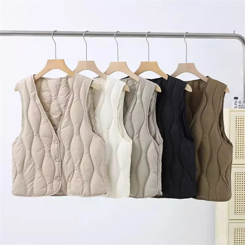 

Autumn Winter V Neck Down Waistcoat Jacket Women Warm Ultra Light White Duck Down Vest Coat Female Sleeveless Short Tank Parkas