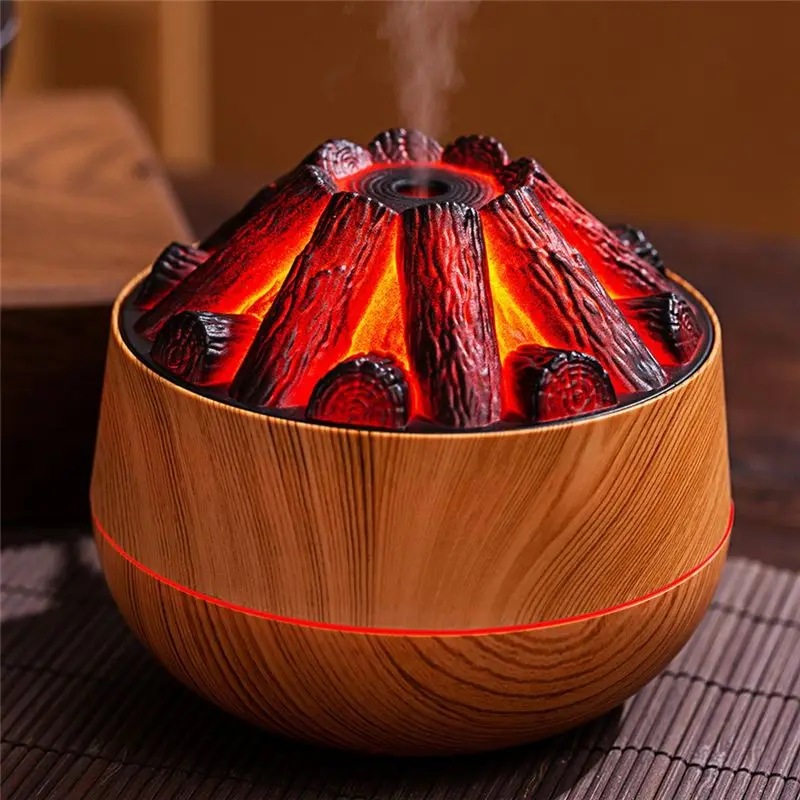 A13I-300Ml Bonfire Humidifier USB Noiseless Flame Essential Diffuser Auto-Off Wood Grain For Home Office Gym Light Wood Grain