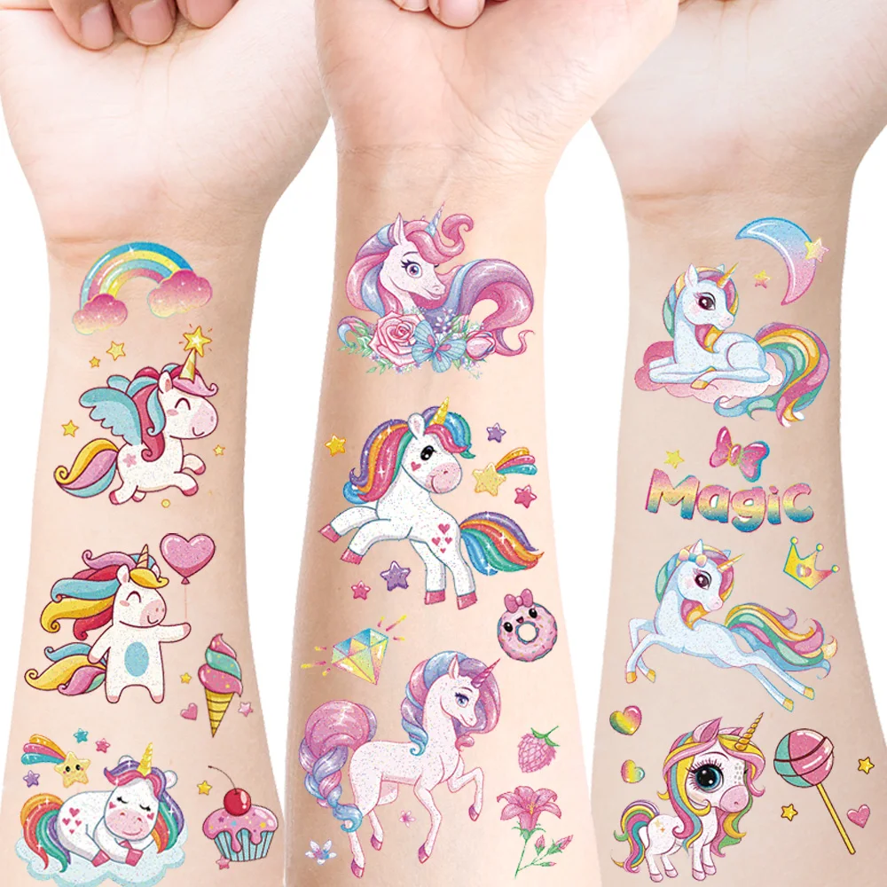 

12 Sheets Glitter Pink Unicorn Temporary Tattoos, Glitter Styles Waterproof Shiny Rainbow Unicorn,Birthday Party Supplies