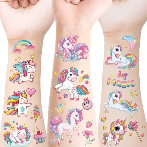 12 Sheets Glitter Pink Unicorn Temporary Tattoos, Glitter Styles Waterproof Shiny Rainbow Unicorn,Birthday Party Supplies