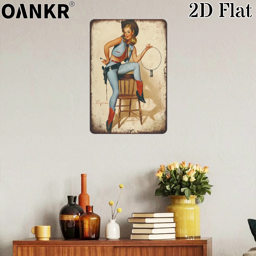 Vintage Metal Tin Sign, Ideal Gift 12x8 Inch, Pin Up Girl With Mirror Metal Signs for Man Cave Garage Home Wall Decor Plaque