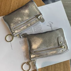 Fashion Genuine Leather Storage Bag Zipper Coin Purse Mini Cute Silver Wallet for Women Portable Key Card Coin Organizer Pouch