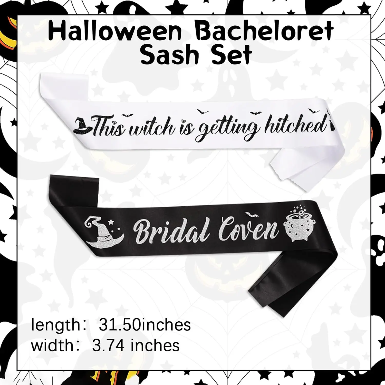 1/7Pcs Bachelorette Party Sash Set,Bridal Coven Sashes with Witch Hat and Jar Pattern for Bridal Witch Theme Halloween Party image 2