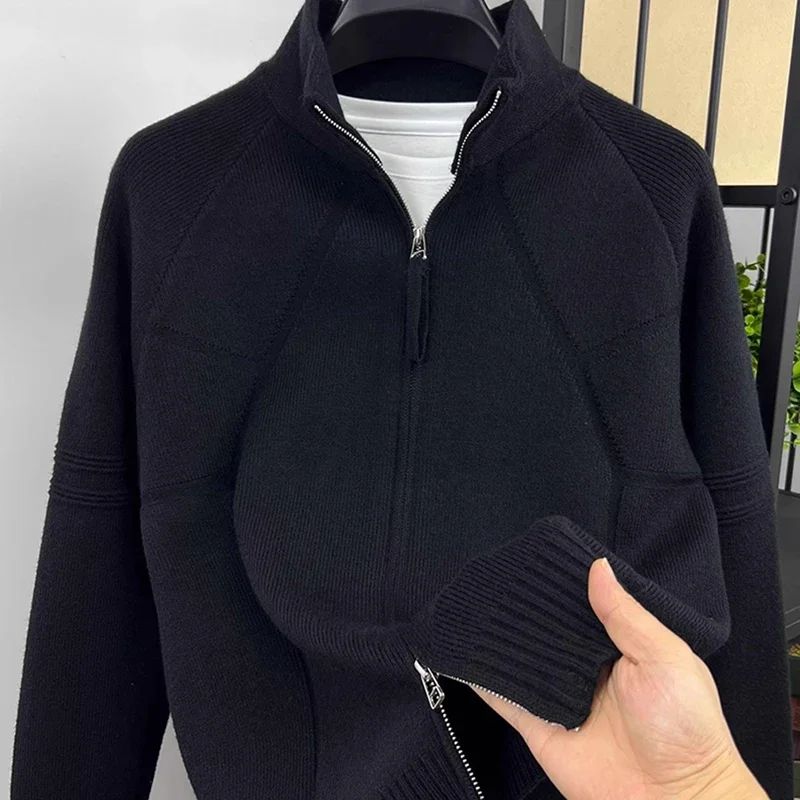 

Autumn Winter Double Zipper Men's Cardigan Sweater Knitwear Thick Warm Stand Collar Jacquard Sweater Knitted Coat Loose Cardigan
